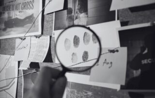 A hand holding a magnifying glass over fingerprints pinned to a detective's evidence board.