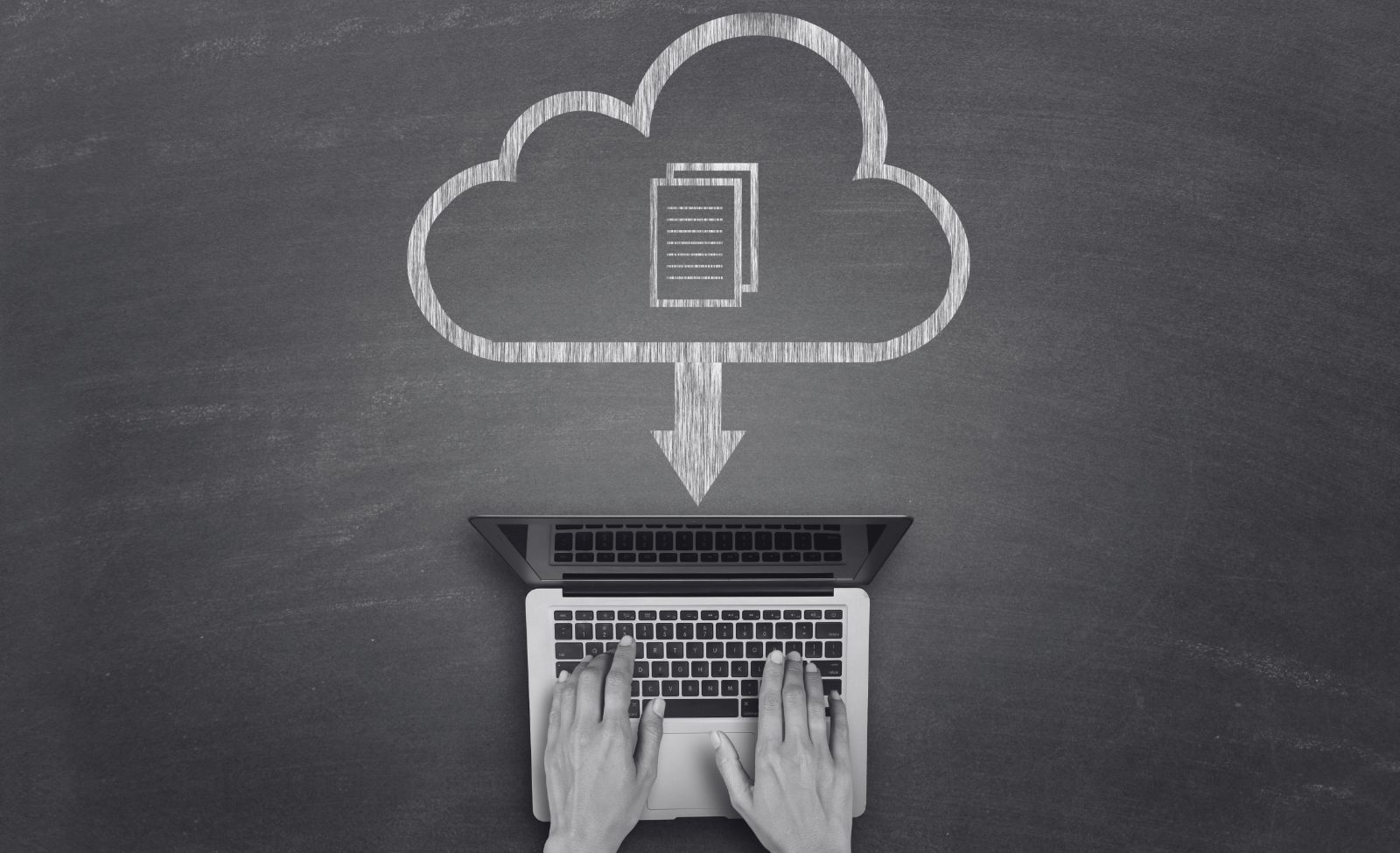 89-4-opt A chalkboard drawing of a document downloading from a cloud onto a laptop.