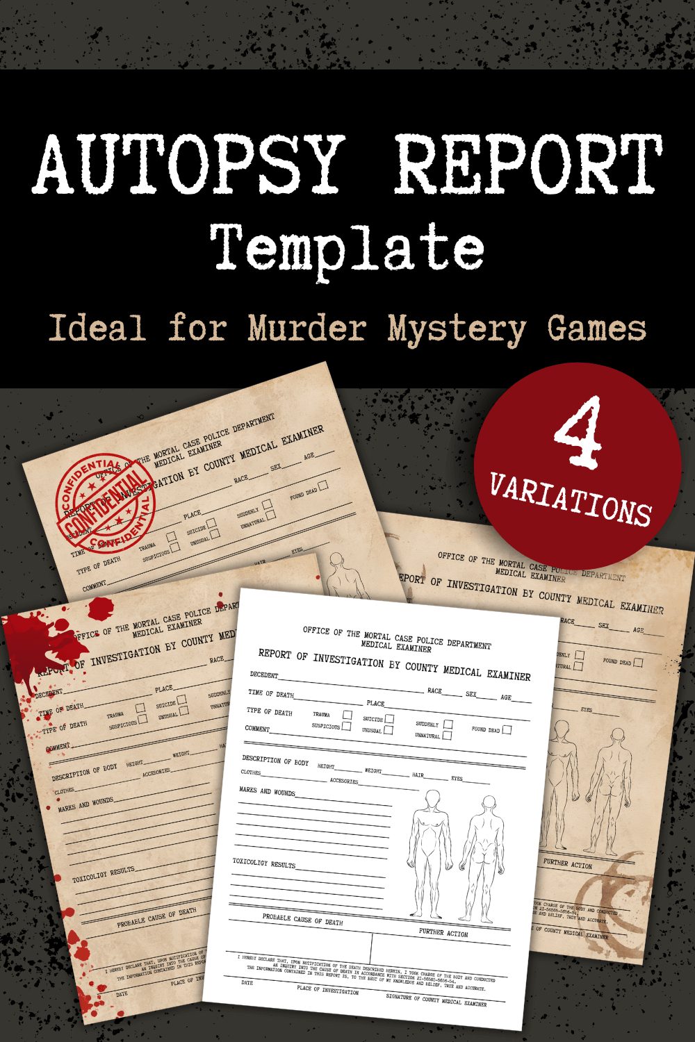 Autopsy-Report-Pin-opt Printable autopsy report sheets for a murder mystery party, available in 4 variations.