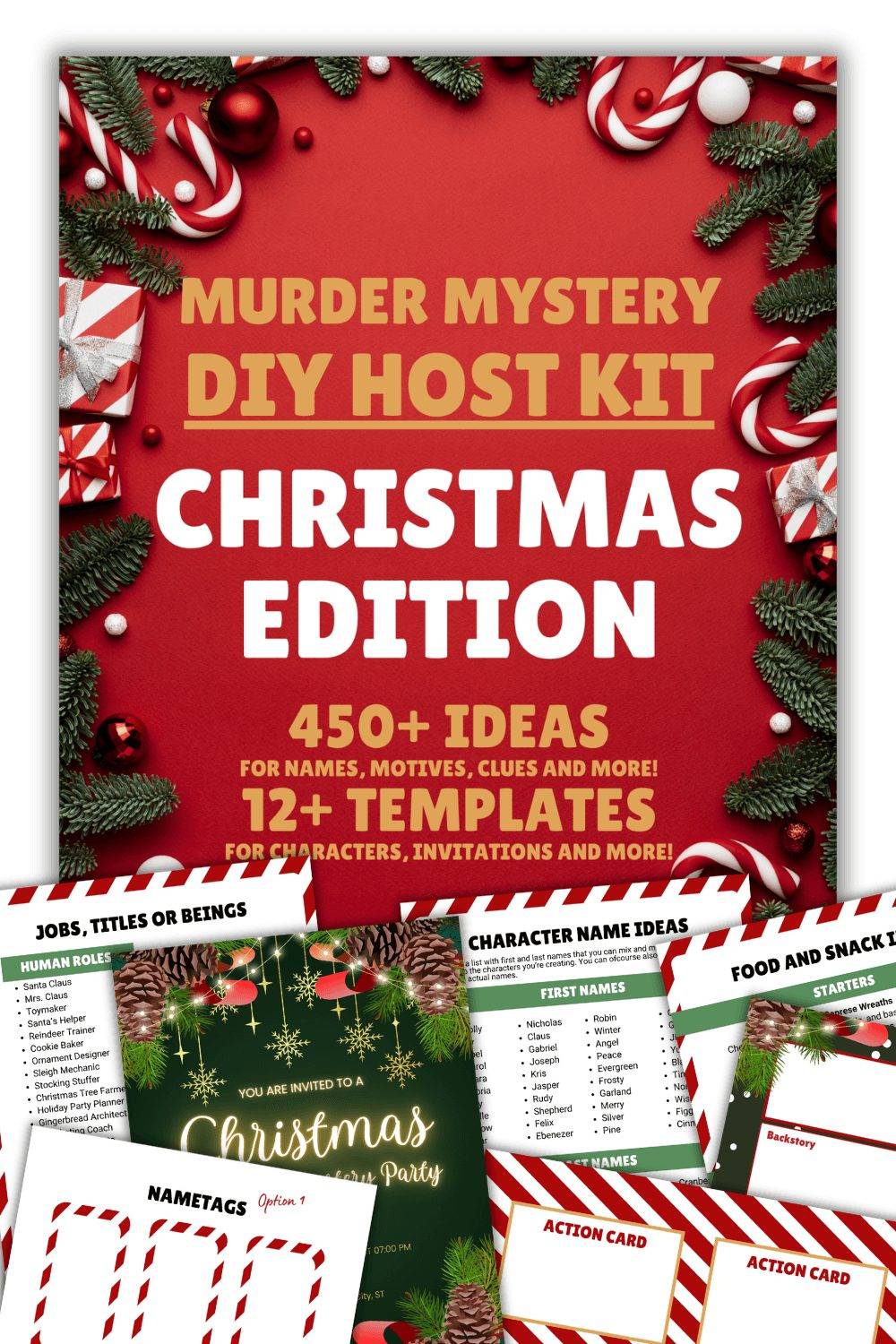 Christmas Edition with 450+ ideas for names, motives and clues and 12+ templates for characters and invitations.