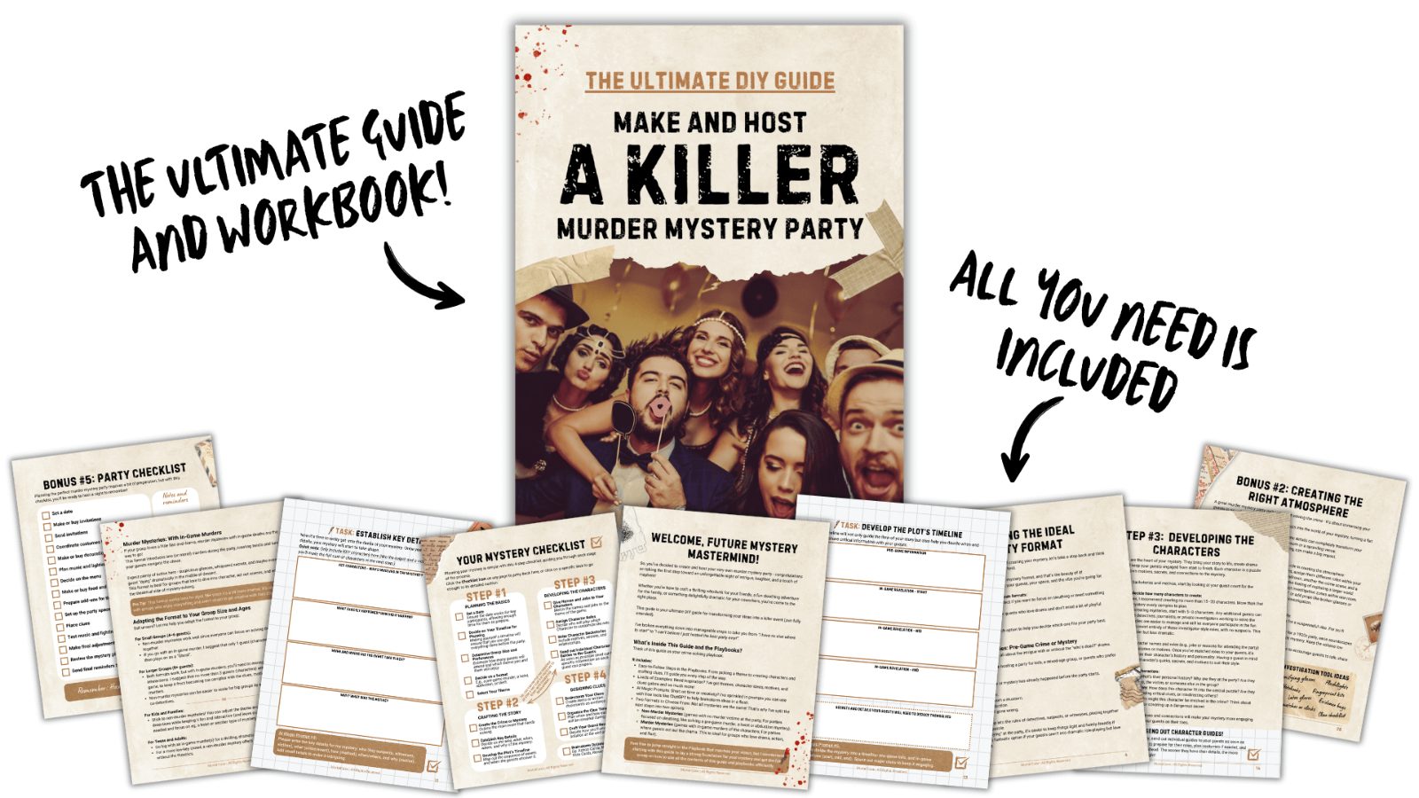 The Ultimate Guide and Workbook for making and hosting a killer murder mystery party, shown with its printed worksheets.