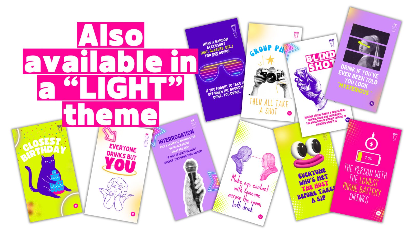 The drinking cards are also available in a light theme.