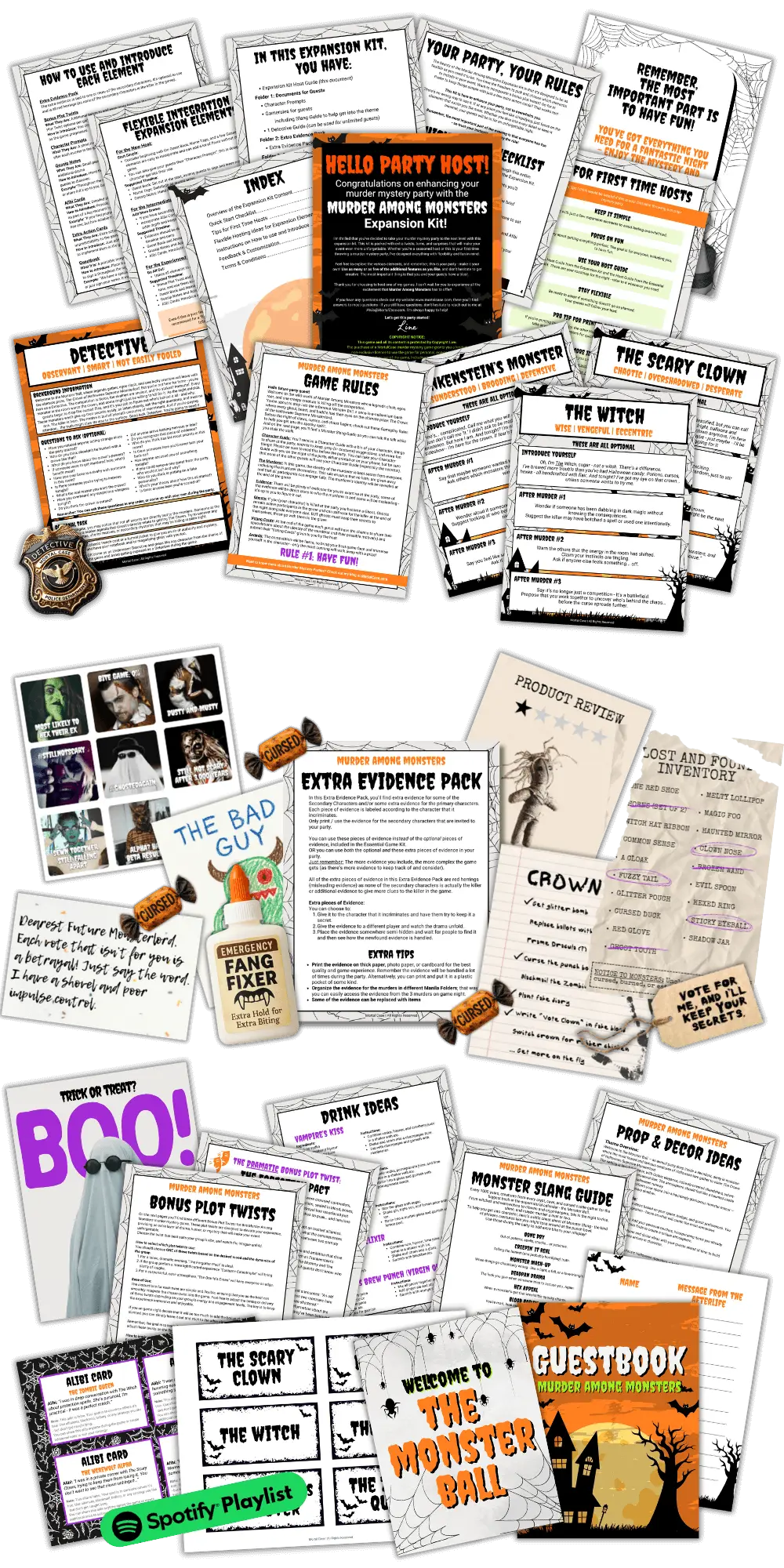 Printed extras from the Murder Among Monsters Expansion Game Kit: Character Prompts, extra evidence, Gossip Notes, alibis, Action Cards and Detective material.