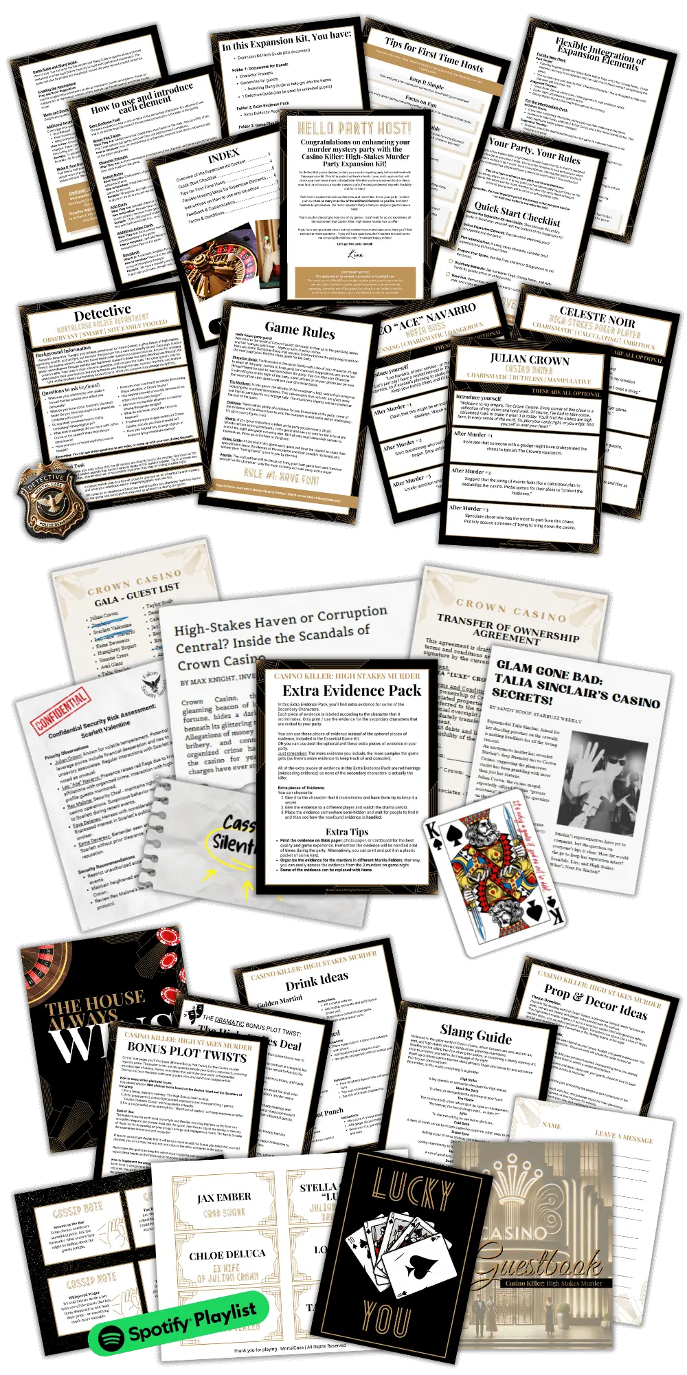 Printed extras from the Casino Killer Expansion Game Kit: Character Prompts, extra evidence, Gossip Notes, alibis, Action Cards and Detective material.