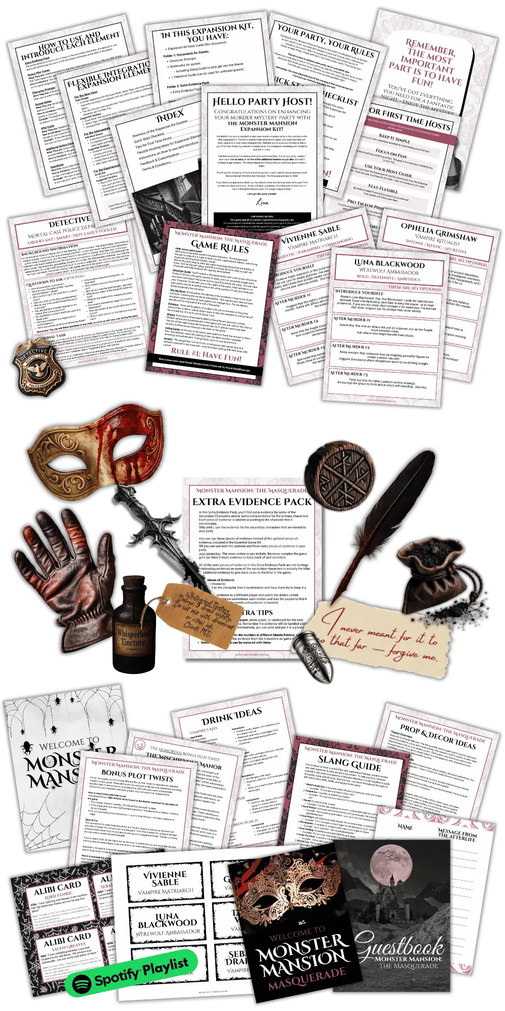 Printed extras from the Monster Mansion Expansion Game Kit: Character Prompts, extra evidence, Gossip Notes, alibis, Action Cards and Detective material.