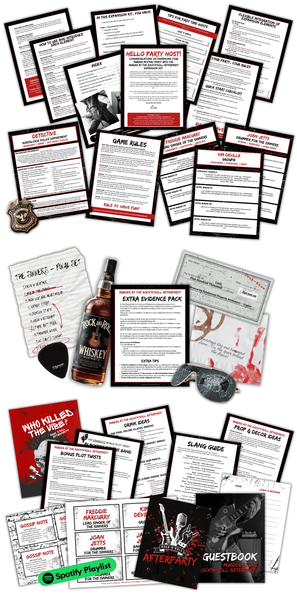 Printed extras from the Murder at the Rock'n'Roll Afterparty Expansion Game Kit: Character Prompts, extra evidence, Gossip Notes, alibis, Action Cards and Detective material.