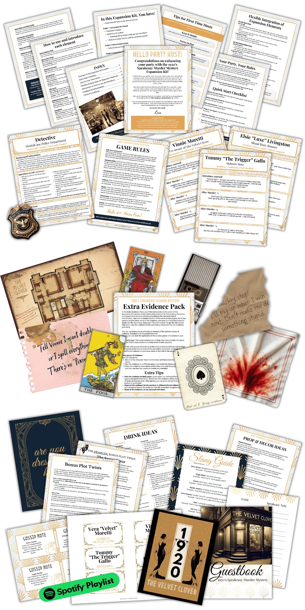 Expansion-Kit-4-opt Printed extras from the 1920's Speakeasy Expansion Game Kit: Character Prompts, extra evidence, Gossip Notes, alibis, Action Cards and Detective material.
