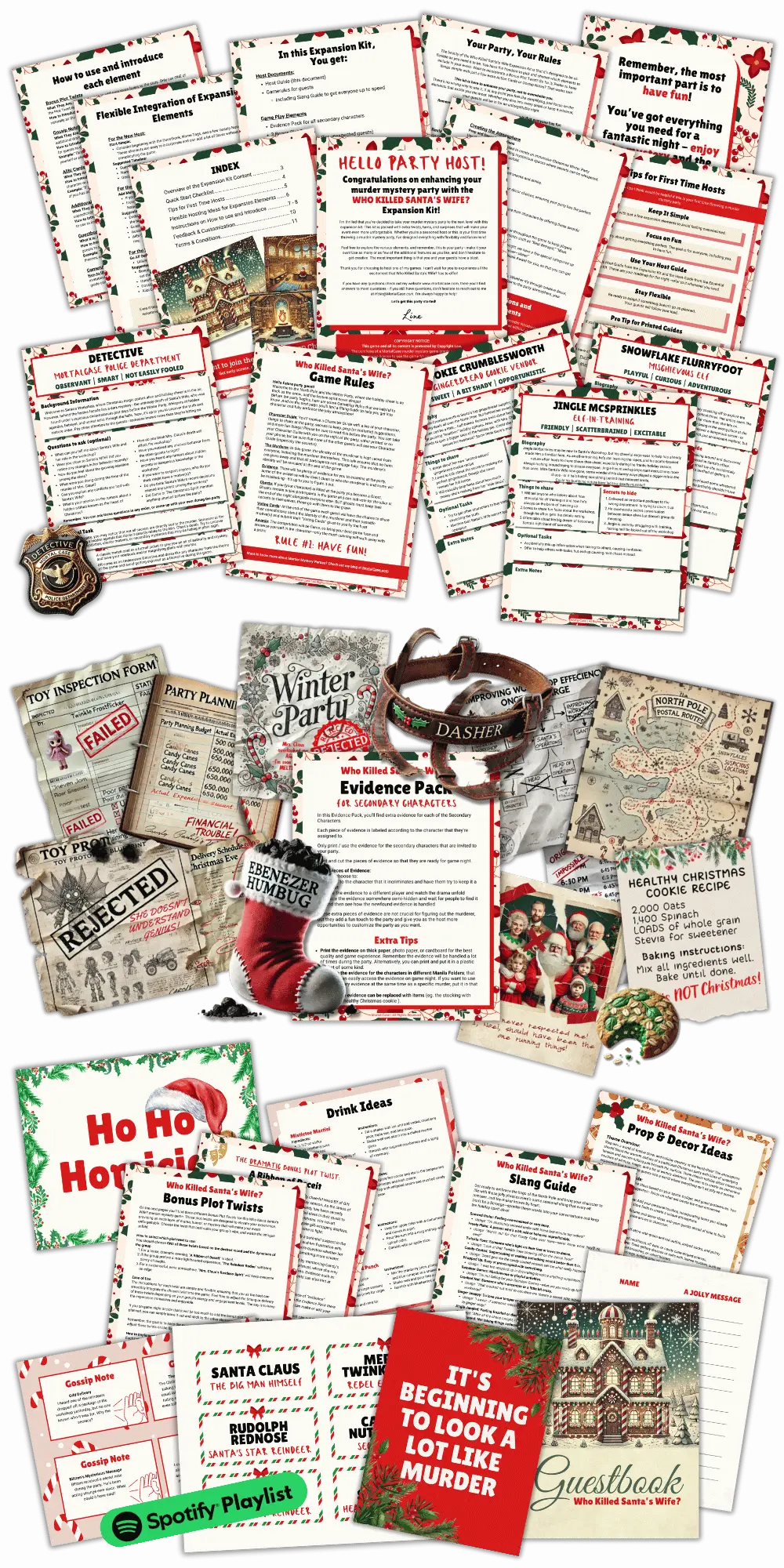 Printed extras from the Who Killed Santa's Wife Expansion Game Kit: Character Prompts, extra evidence, Gossip Notes, alibis, Action Cards and Detective material.