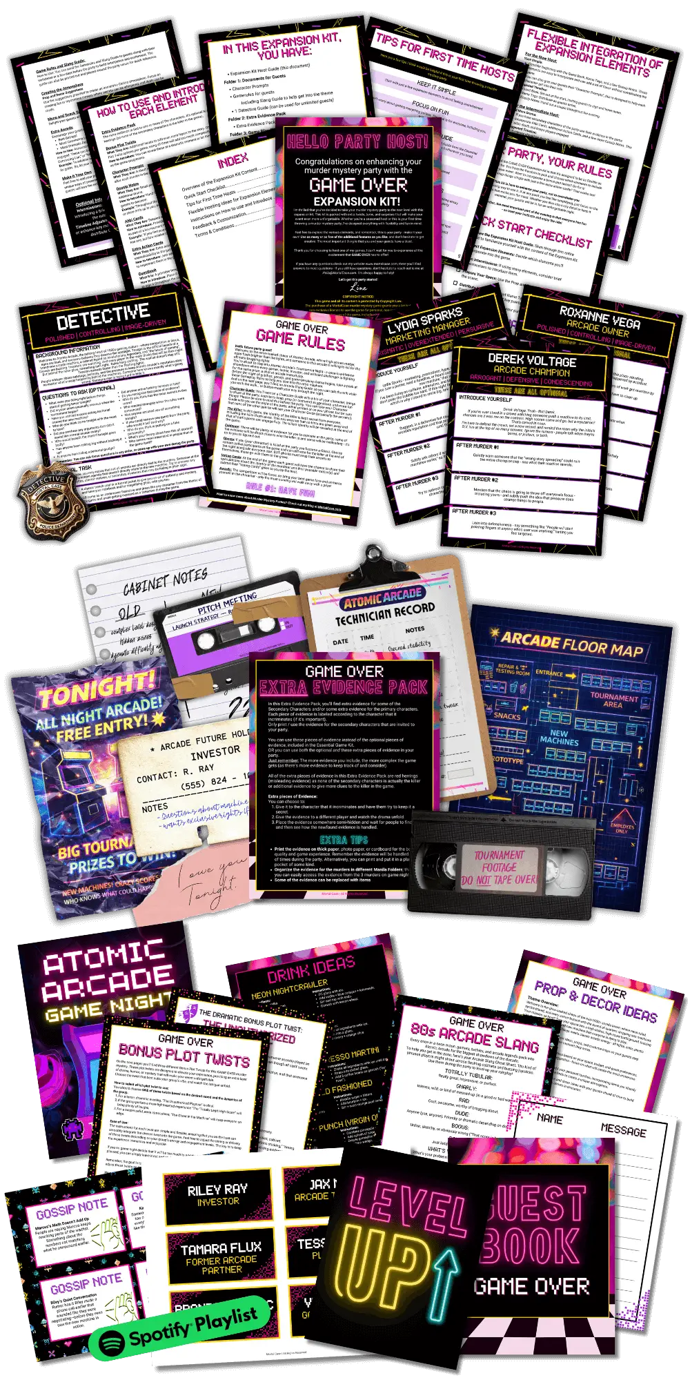 Printed extras from a MortalCase Expansion Game Kit: Character Prompts, extra evidence, Gossip Notes, alibis, Action Cards and Detective material.