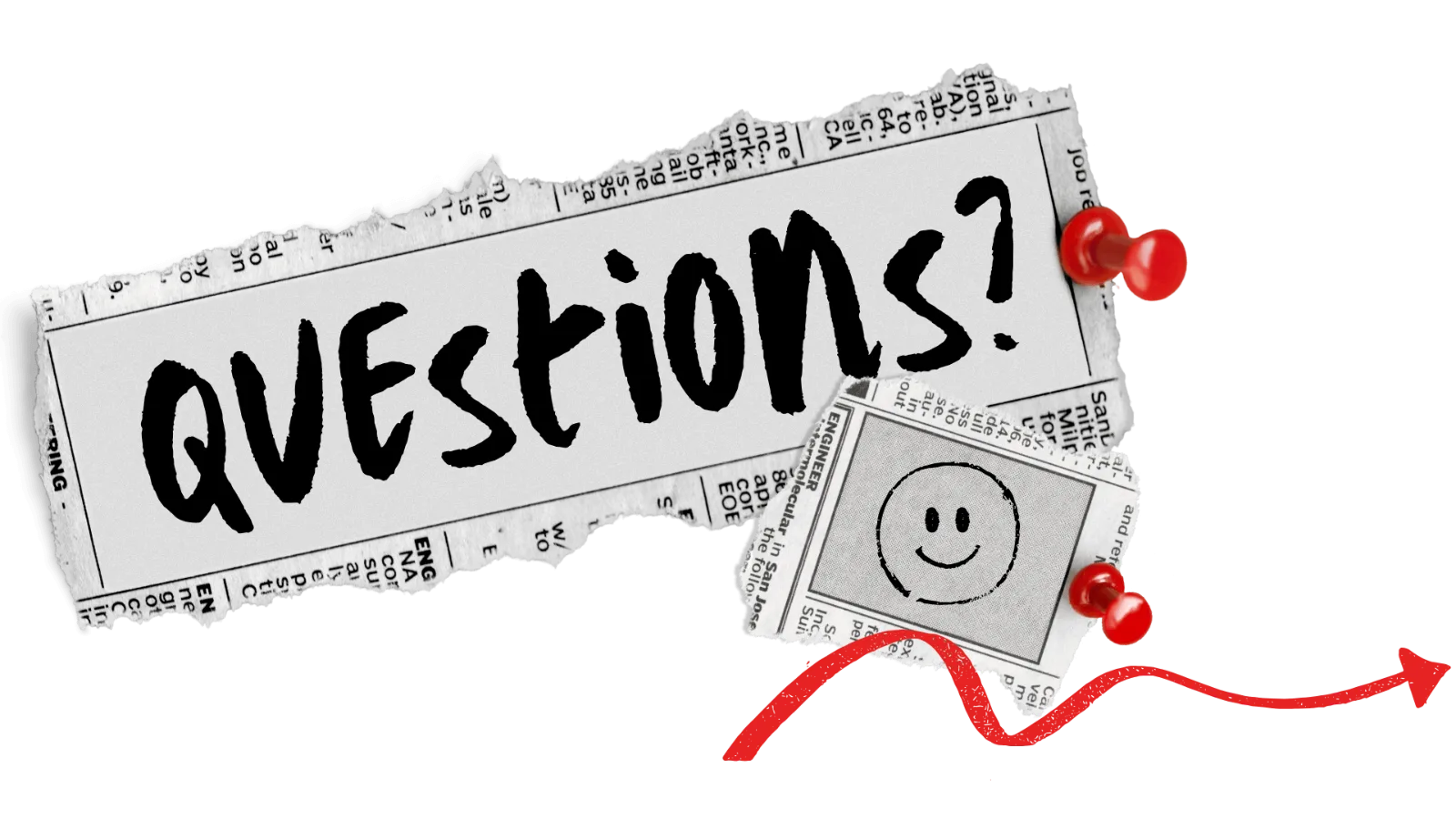 A torn newspaper cut-out reading "Questions?" above the frequently asked questions.