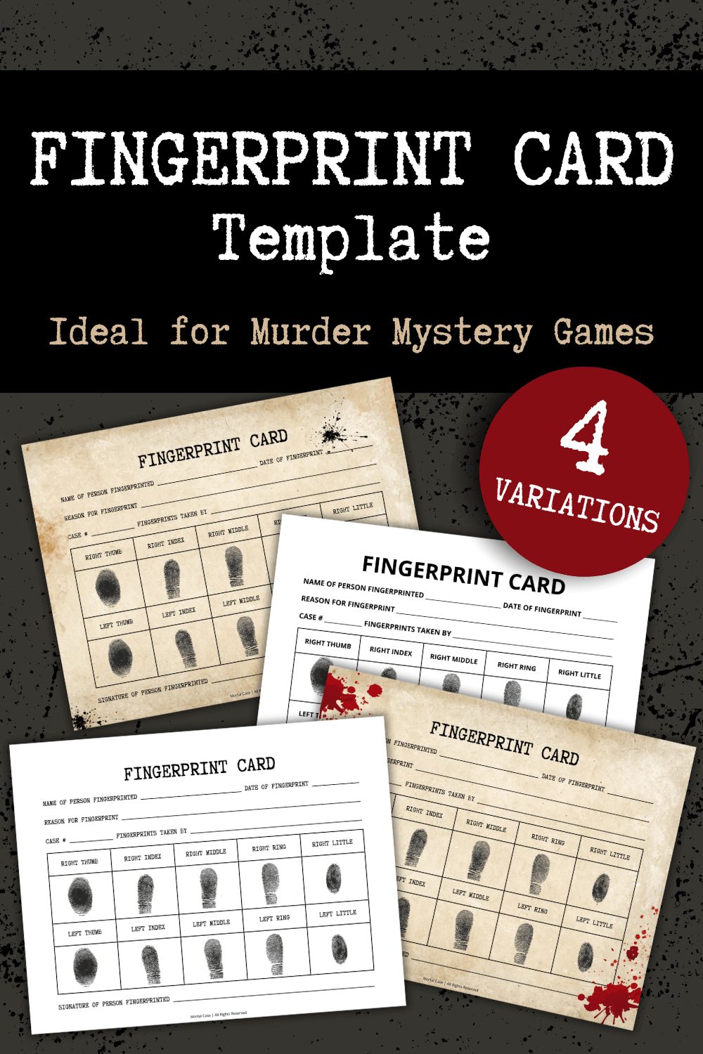 Fingerprint-Card-Pin-opt Printable fingerprint cards for a murder mystery party, available in 4 variations.