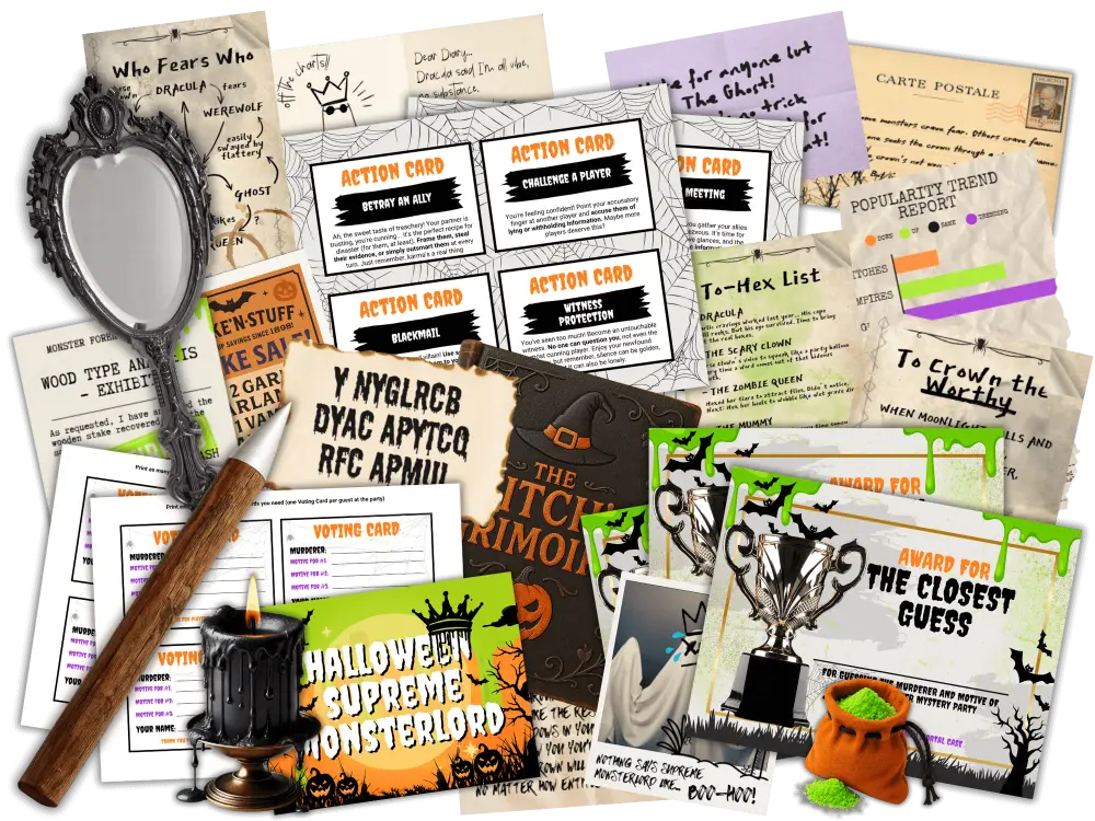 Printed Action Cards, voting cards, evidence and party awards from the Murder Among Monsters murder mystery game kit.