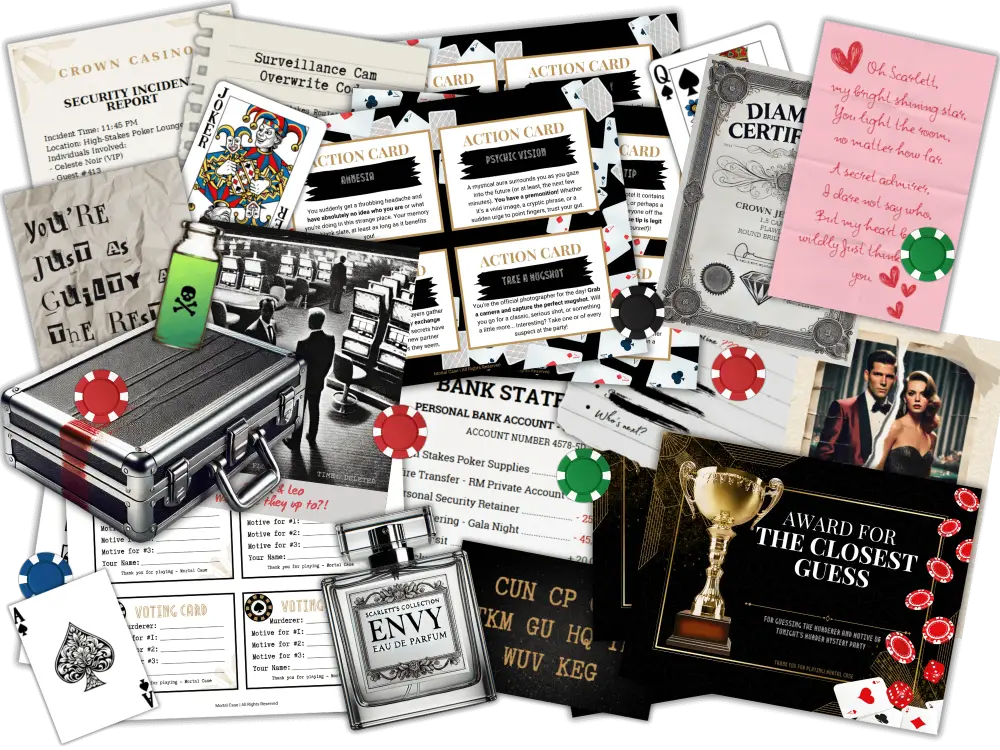 Printed Action Cards, voting cards, evidence and party awards from the Casino Killer murder mystery game kit.