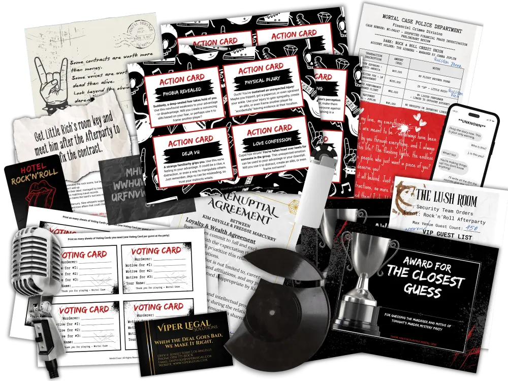 Printed Action Cards, voting cards, evidence and party awards from the Murder at the Rock'n'Roll Afterparty murder mystery game kit.