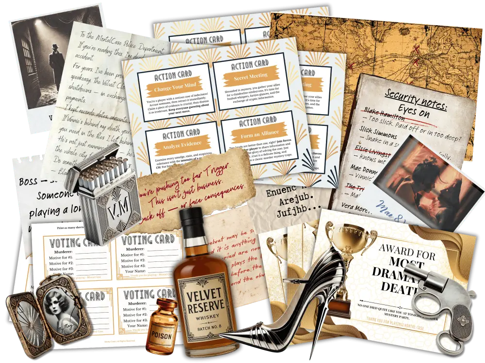 Game-Play-Elements-4-v2 Printed Action Cards, voting cards, evidence and party awards from the 1920's Speakeasy murder mystery game kit.