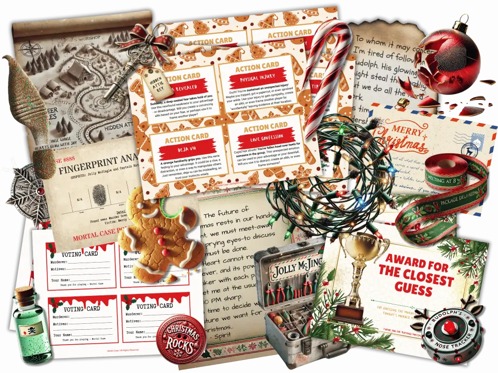 Printed Action Cards, voting cards, evidence and party awards from the Who Killed Santa's Wife murder mystery game kit.