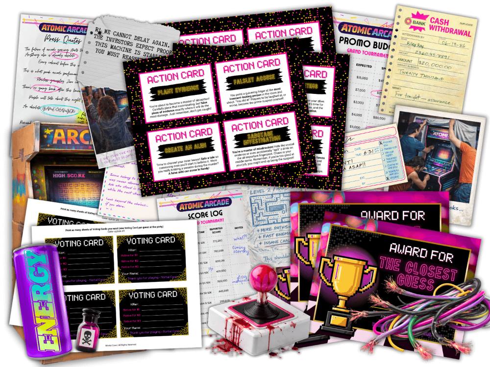Printed Action Cards, voting cards, evidence and party awards from a MortalCase murder mystery game kit.