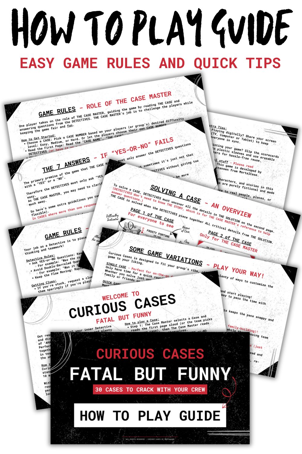 Game-Rules-opt Printed game rules and variation sheets for Curious Cases.