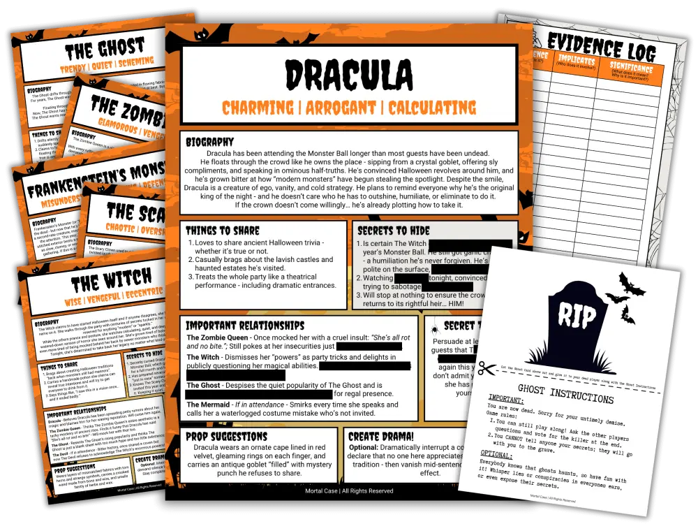 Printed private Character Guides and an Evidence Log from the Murder Among Monsters game kit.