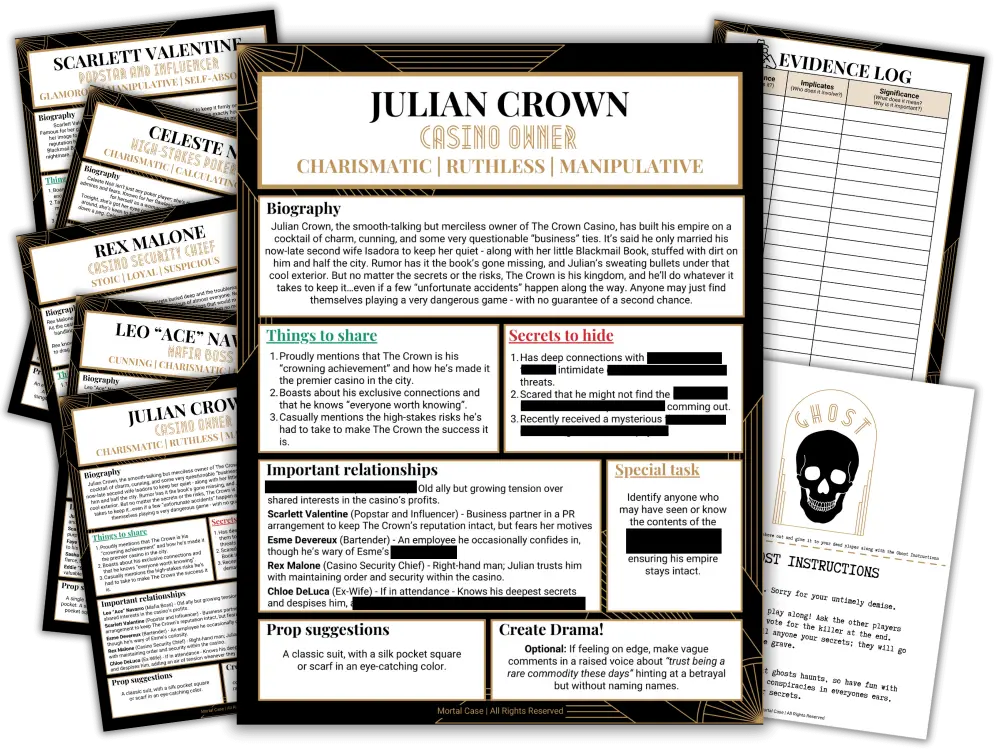 Printed private Character Guides and an Evidence Log from the Casino Killer game kit.