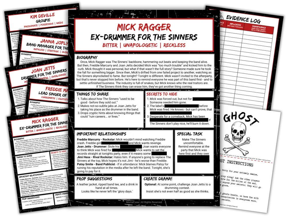 Printed private Character Guides and an Evidence Log from the Murder at the Rock'n'Roll Afterparty game kit.