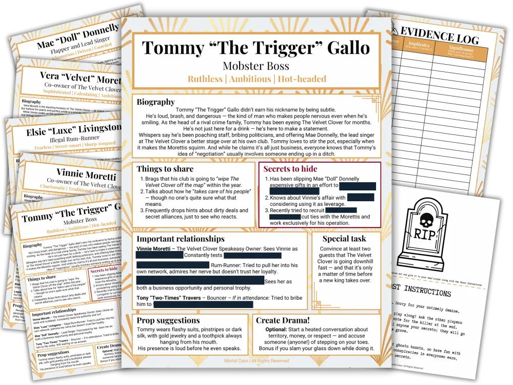 Guest-Documents-4-v2 Printed private Character Guides and an Evidence Log from the 1920's Speakeasy game kit.