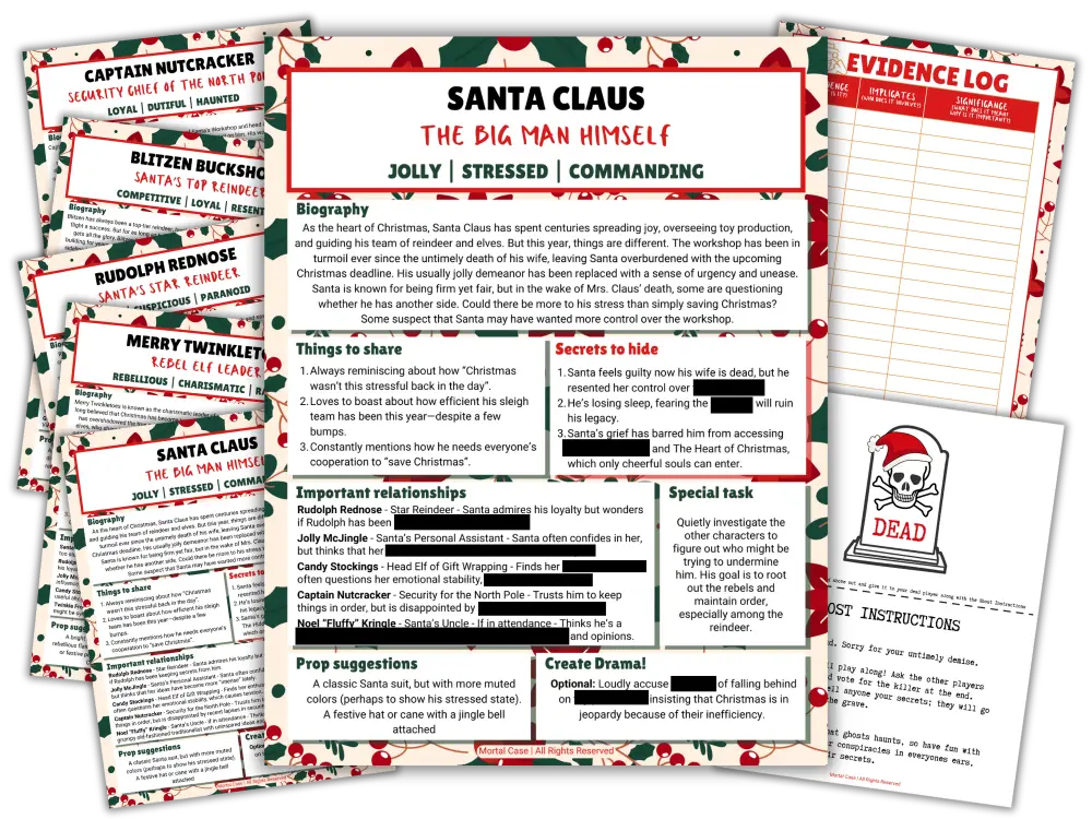 Printed private Character Guides and an Evidence Log from the Who Killed Santa's Wife game kit.