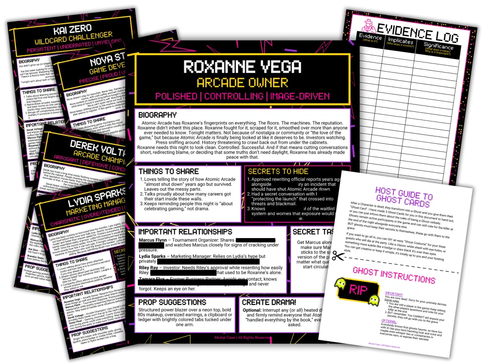 Printed private Character Guides and an Evidence Log from a MortalCase game kit.