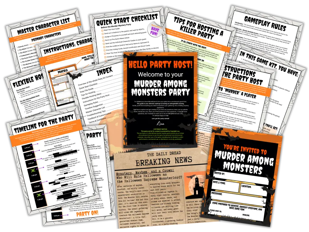 Printed host material from a MortalCase game kit: quick start checklist, character overview, party timeline, invitation and pre-game news article.