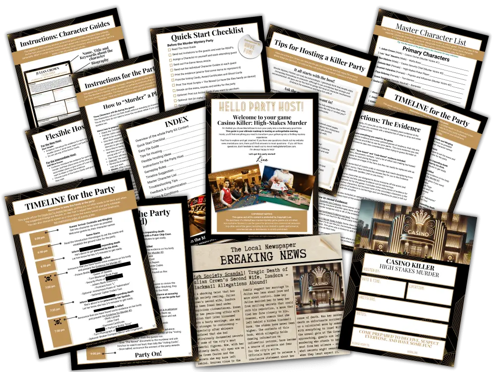 Printed host material from the Casino Killer game kit: quick start checklist, character overview, party timeline, invitation and pre-game news article.