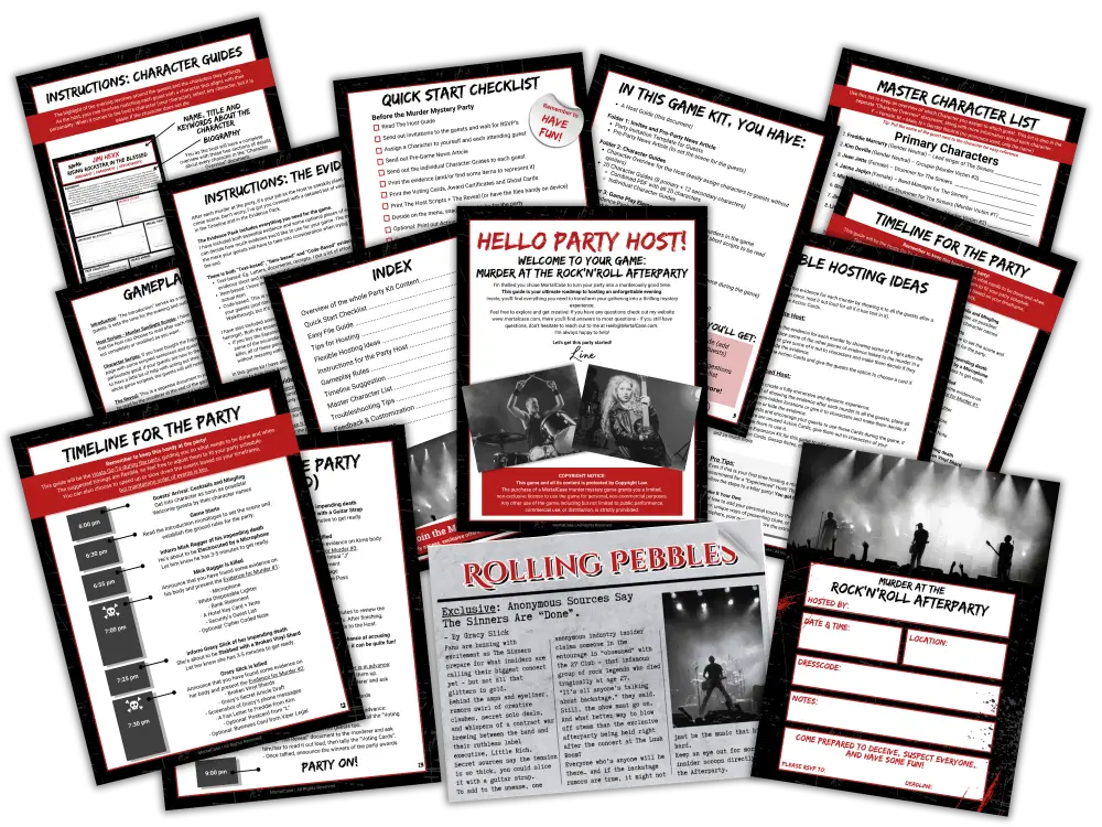 Printed host material from the Murder at the Rock'n'Roll Afterparty game kit: quick start checklist, character overview, party timeline, invitation and pre-game news article.