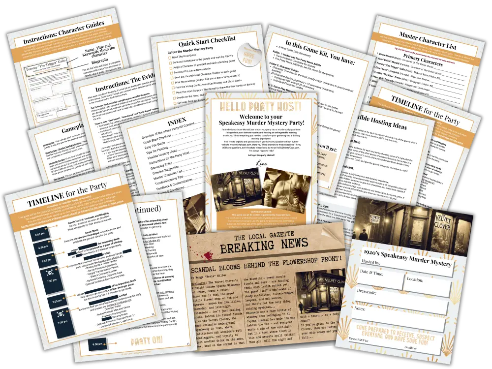 Host-Documents-5-v2 Printed host material from the 1920's Speakeasy game kit: quick start checklist, character overview, party timeline, invitation and pre-game news article.