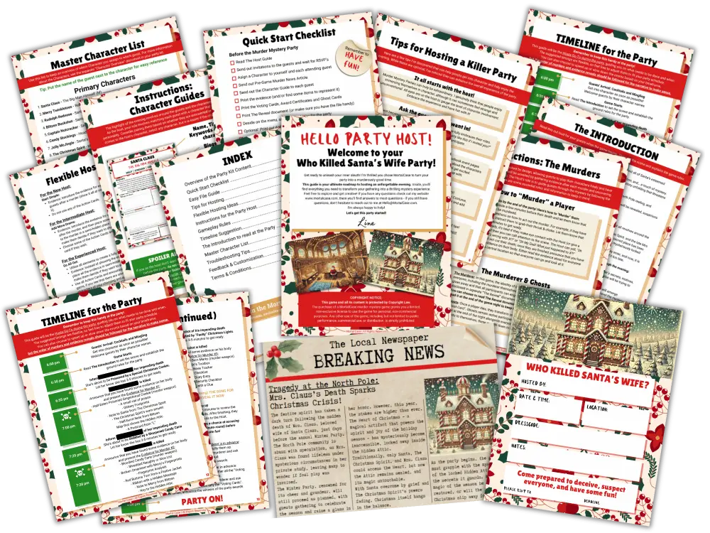 Printed host material from the Who Killed Santa's Wife game kit: quick start checklist, character overview, party timeline, invitation and pre-game news article.