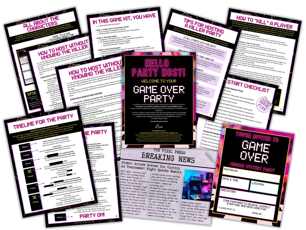 Printed host material from a MortalCase game kit: quick start checklist, character overview, party timeline, invitation and pre-game news article.
