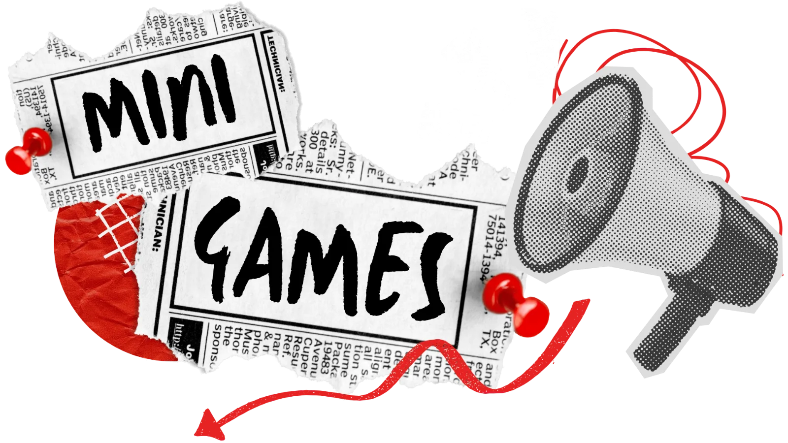 Cut-out lettering reading Mini Games beside a halftone megaphone.