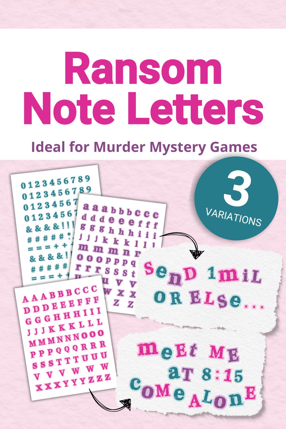 Printable pink cut-out letters and numbers for ransom notes, available in 3 variations.