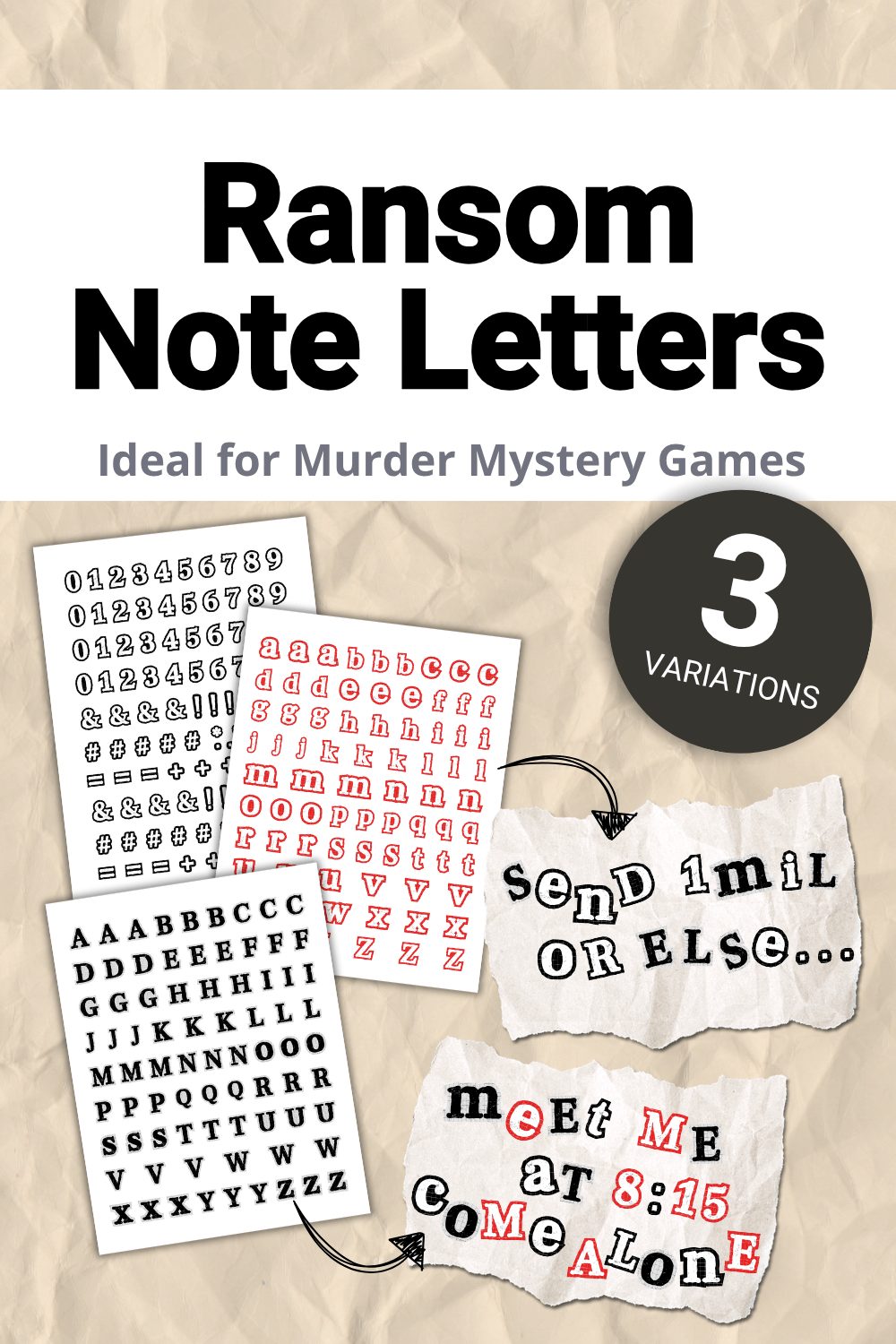 Printable cut-out letters and numbers for ransom notes, available in 3 variations.