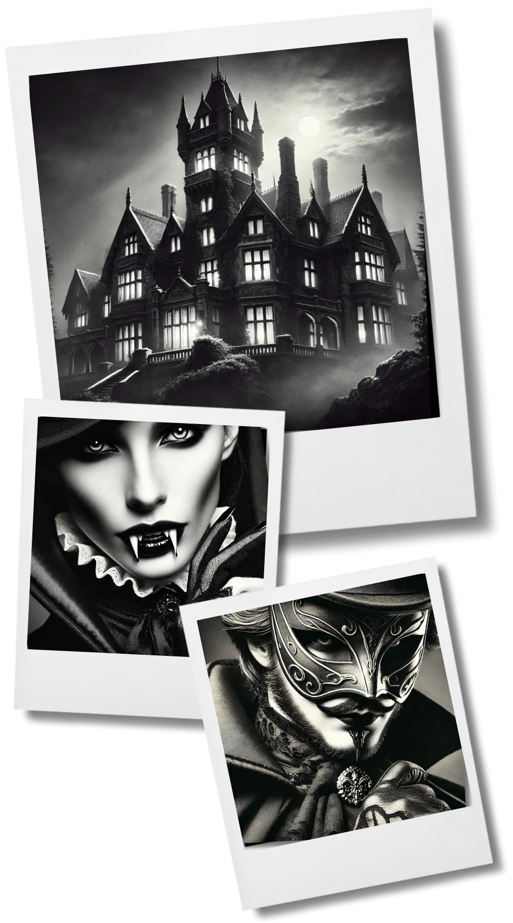 Story artwork and character portraits from the Monster Mansion murder mystery game.