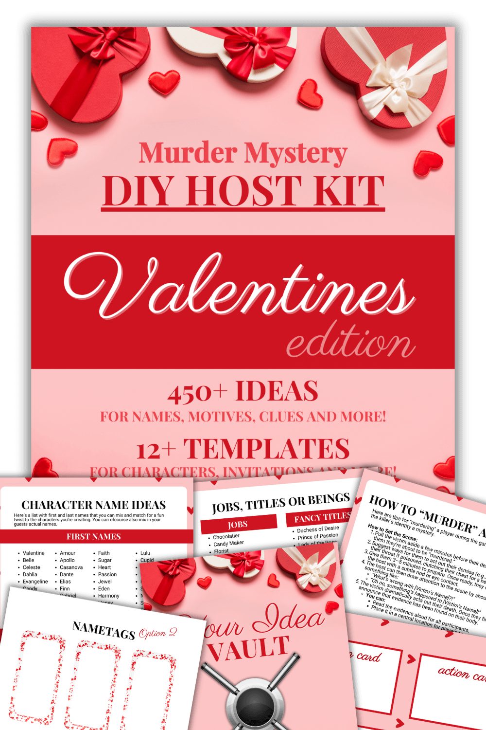 Valentines Edition with 450+ ideas for names, motives and clues and 12+ templates for characters and invitations.