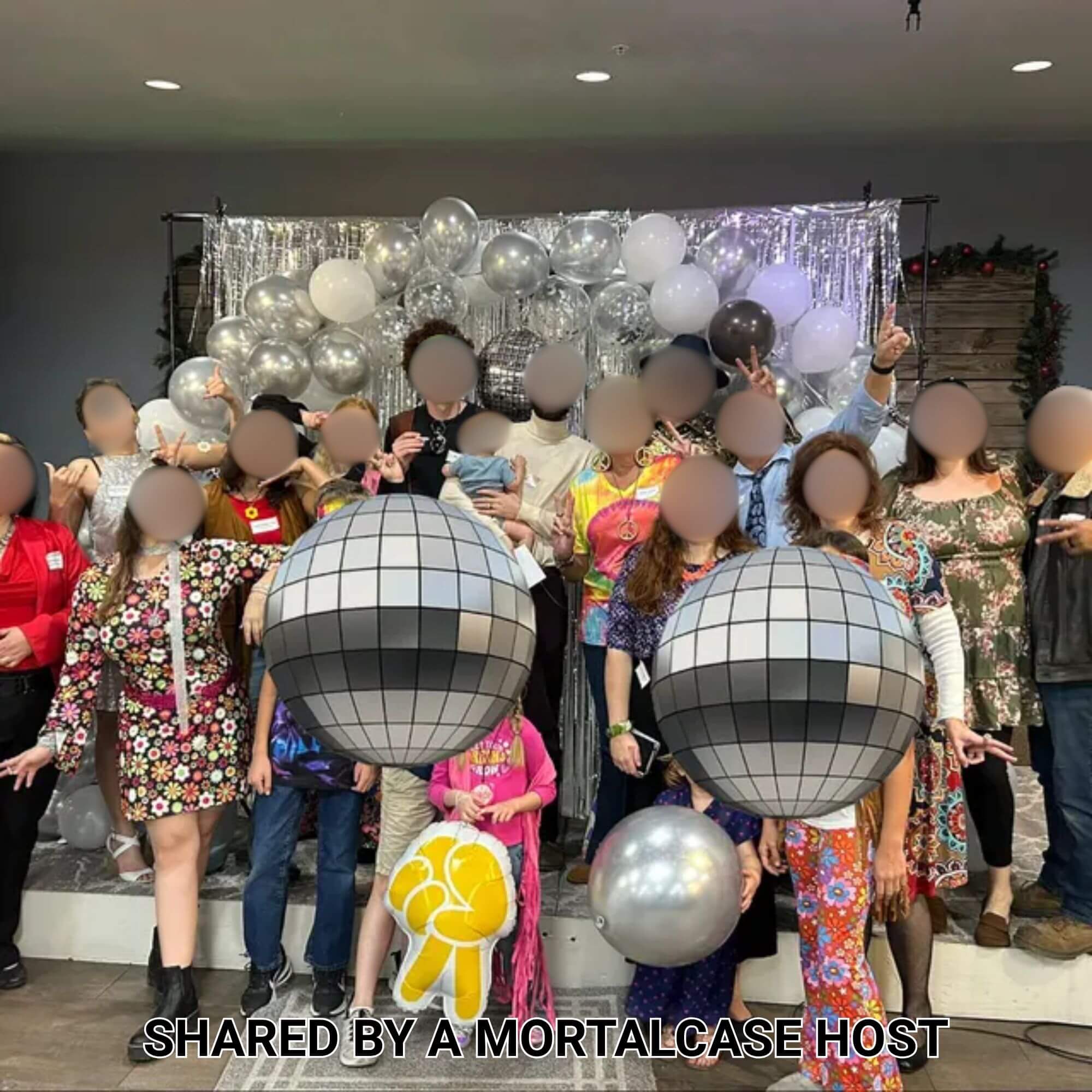 Large group in colorful 1970s costumes at an A Killer Disco Party murder mystery event.