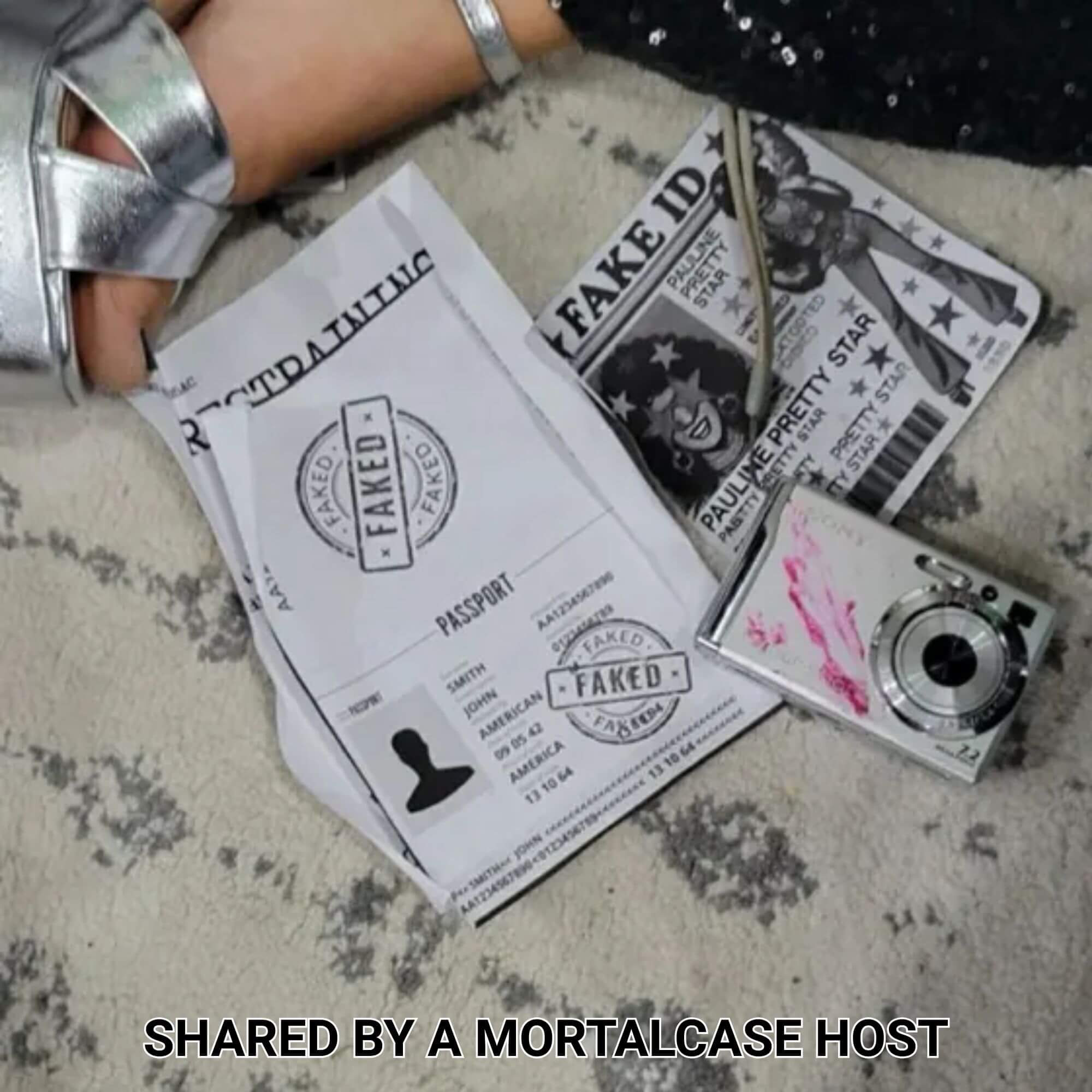 Fake passport, ID cards and camera evidence from A Killer Disco Party.