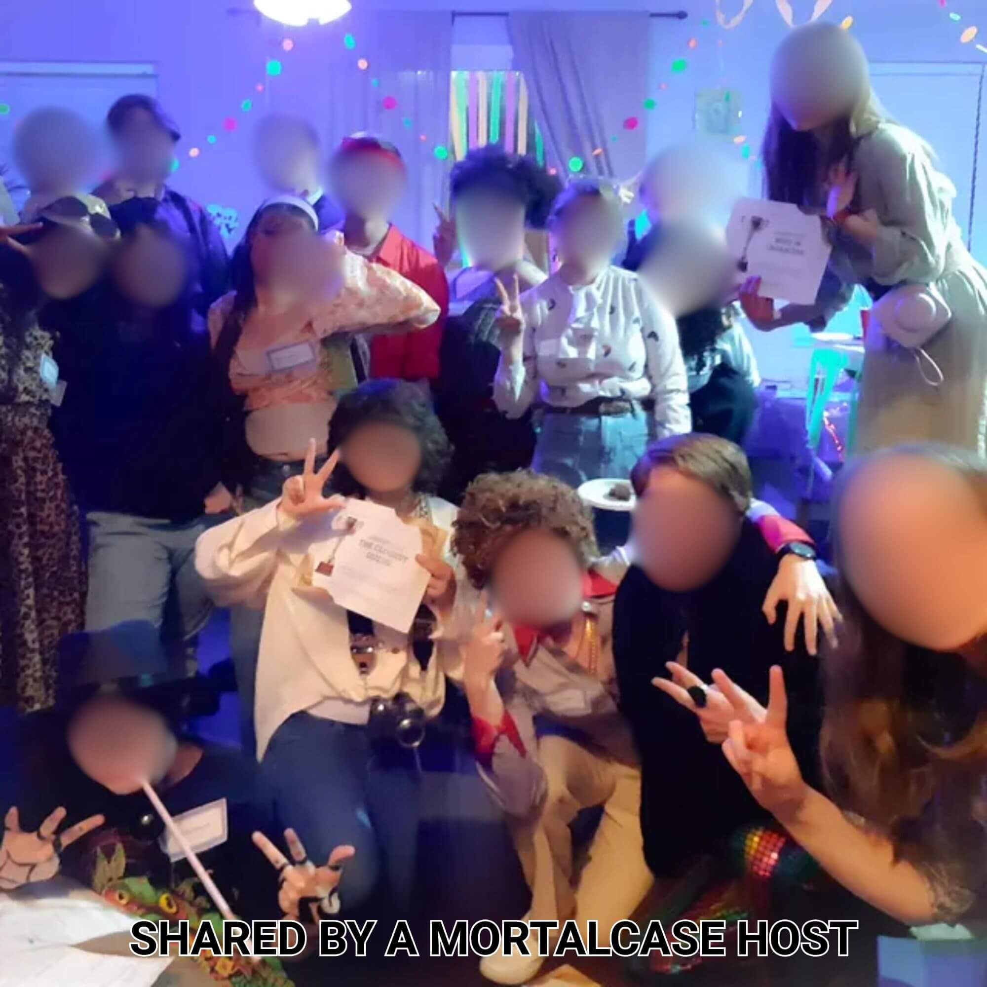Guests wearing costumes and character badges at an A Killer Disco Party event.