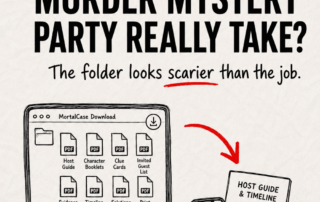 Featured image for “How Much Prep Does a MortalCase Murder Mystery Party Really Take?” showing a hand-drawn digital murder mystery prep concept with the line “The folder looks scarier than the job.”