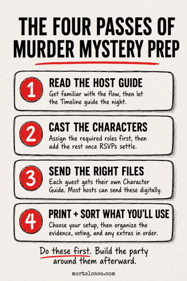 Infographic titled “The Four Parts of Murder Mystery Prep” showing read the host guide, cast the guests, choose optional extras, and print only what you need.