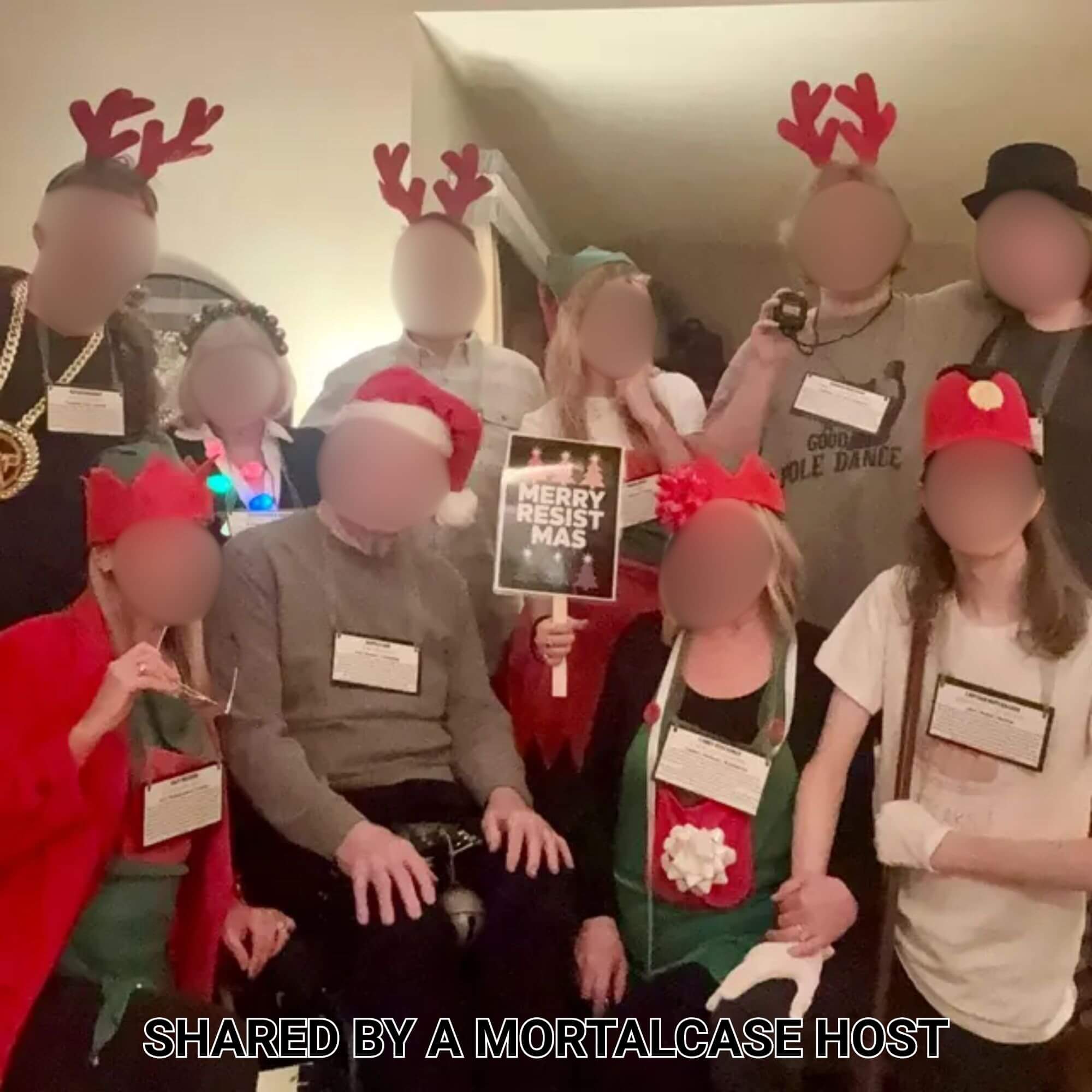Group in Christmas costumes and character badges while playing Who Killed Santa’s Wife?