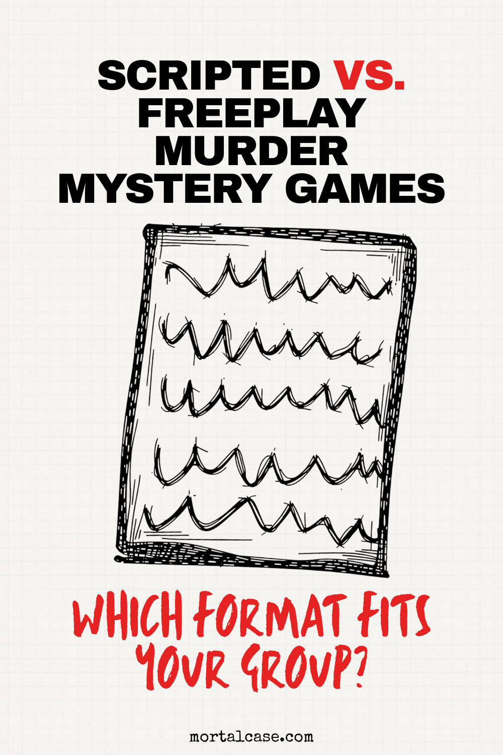 C06-scripted-vs-freeplay-murder-mystery-games-featured-image A sheet filled with handwritten dialogue lines beneath a scripted versus freeplay murder mystery games headline.