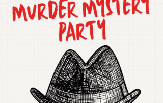 A detective-style fedora and round glasses beneath a MortalCase murder mystery party headline.