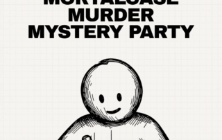 A smiling person filling out papers beneath a headline about preparing for a first MortalCase murder mystery party.