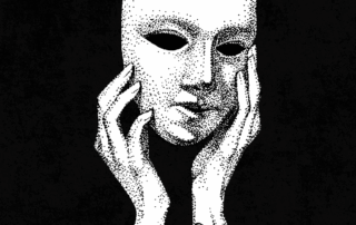 Black-and-white illustration of hands holding a theatrical mask beneath the words Behind the Scenes at MortalCase.