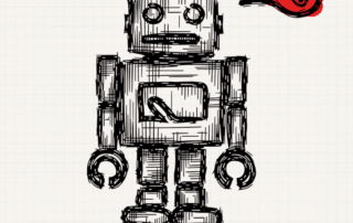 Hand-drawn robot and thinking cap beneath the title How I Use AI at MortalCase and What Stays Human.